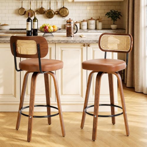 Image of KEEZY Natural Rattan Bar Stools Set of 2,Upholstered PU Leather, 30''Counter Height Barstools with Back and Wood Legs,360Swivel,Mid-Century Modern Bar Stool for Kitchen Island Dining Room and Bar