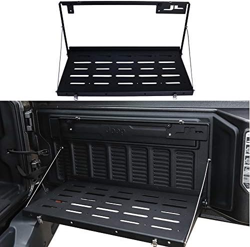 HEQIANG New Model Flexible Foldable Aluminium Alloy Matte Black Tailgate Table Rear Trunk Door Rack Cargo Luggage Holder Carrier Back Shelf for Jeep Wrangler JL JLU 2018 (Instruction Included)