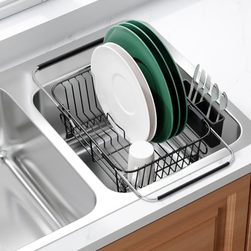 JASIWAY Black Dish Drying Rack in Sink with Utensil Holder, RV, Apartment