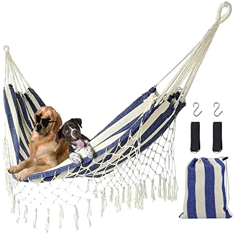 IamaCos Fringed Hammock Tassels Macrame Hammock Brazilian Style Travel Hammock for Beach, Yard, Patio, Porch, Outdoor, Wedding Decor, 200*100 CM, Blue & White Stripes Cover