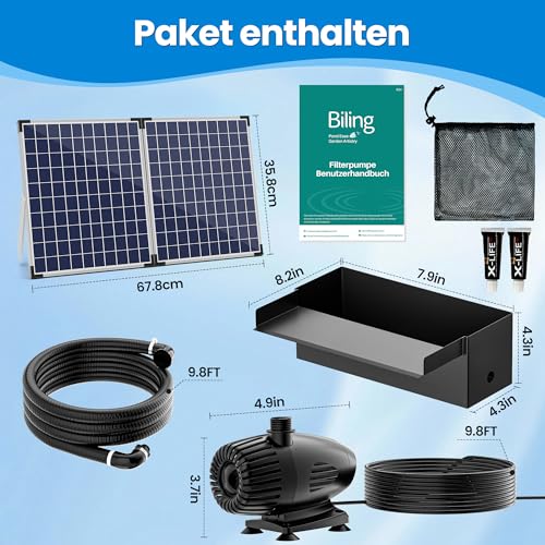 Biling 70W Solar Teich Wasserfall Set, 30cm Edelstahl-Überlauf-Teichpumpe Wasserfall und langlebigem Rohr Deko für Koiteich, Pool, Bachlauf, Gartenteich, Terrasse, DIY Zier Teichwasserfall Wasserspiel
