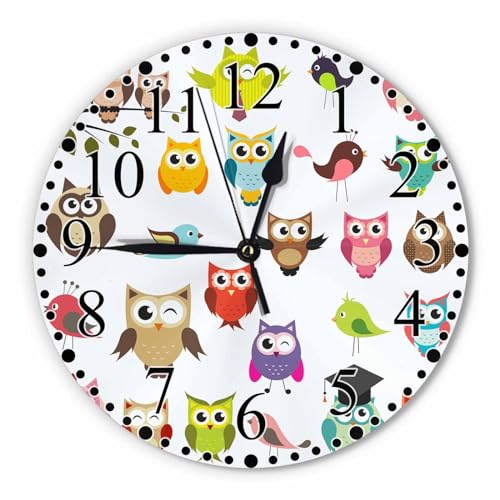 Owls Wall Clock 10 Inch Battery Operated Color Cute Cartoon Owls and Birds Clock Silent Non-Ticking Modern Clocks Decorative for Home Kitchen Living Room Bathroom Office
