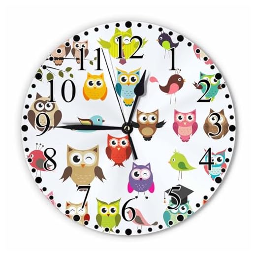 Owls Wall Clock 10 Inch Battery Operated Color Cute Cartoon Owls and Birds Clock Silent Non-Ticking Modern Clocks Decorative for Home Kitchen Living Room Bathroom Office
