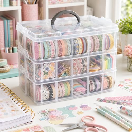 Image of Guyuyii 3-Tier Stackable Bead Organizer with Adjustable Dividers and Handle | Portable Storage Case for Craft, Sewing, Jewelry Making | Compatible with Beads, Embroidery Floss, Washi Tape, Lego Pieces