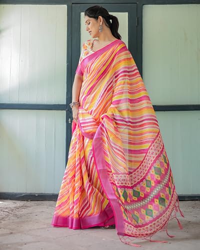 Image of Kaugalian store Linen Cotton Floral Printed Saree for Women with Unstitched Blouse Piece | 5.5 M Saree & 0.8 M Blouse