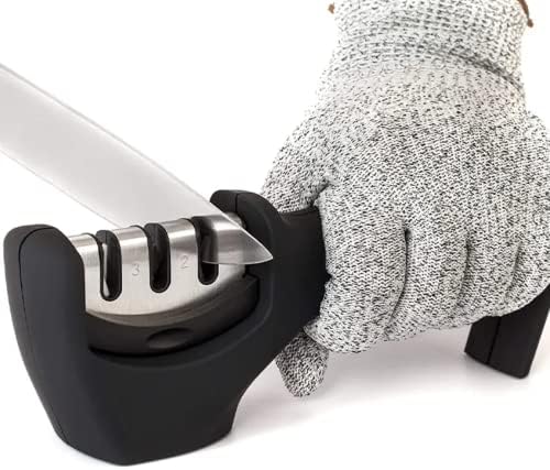4-in-1 Kitchen Knife Scissor Sharpener 3 Stage Sharpener Professional Manual Chef Steel Knife Scissor Sharpening Tool Helps Repair, Restore, Polish Blades and Cut-Resistant Glove