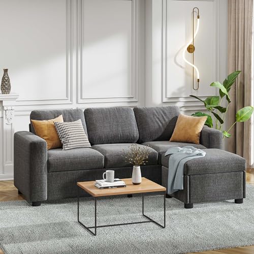 YITAHOME 3 Seater Sofa L Shaped Sofa Corner Sofa with Reversible Chaise, Fabric Sectional Sofa with Footstool Lounge Sofa Left or Right Chaise Settee with storage for Living Room Home Office (Grey)