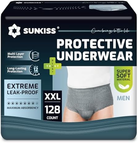 SUNKISS Inkontinenz Pants Männer, Grau, Größe XXL, 128 Stück 4er Pack | Tagsüber Einweg Windelhosen für Erwachsene, Herren Windeln mit Maximaler Saugfähigkeit für Zuverlässige Abso