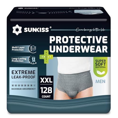 SUNKISS Inkontinenz Pants Männer, Tagsüber Einweg Erwachsenen Windelhosen, Herren Windeln mit Maximaler Saugfähigkeit, Grau, Größe XXL, 128 Stück 4er Pack