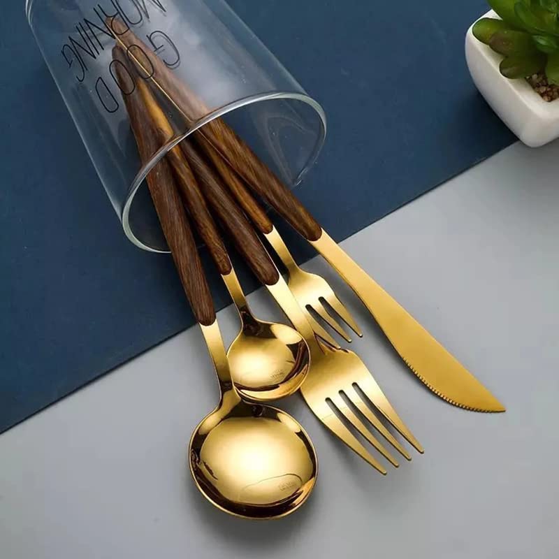 Vajilla Cubiertos Juego de cubiertos de acero inoxidable de 30 piezas con mangos de madera Cubiertos for 6 personas, Cubiertos for banquetes domésticos Servicio de cena