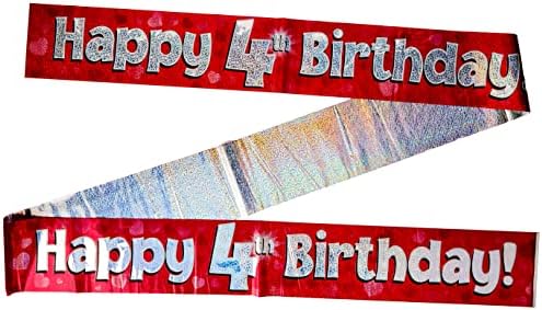 OakTree 624658" Happy 4th Birthday Foil Holographic Banner, Blue, 9 ft