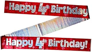 OakTree 624658" Happy 4th Birthday Foil Holographic Banner, Blue, 9 ft