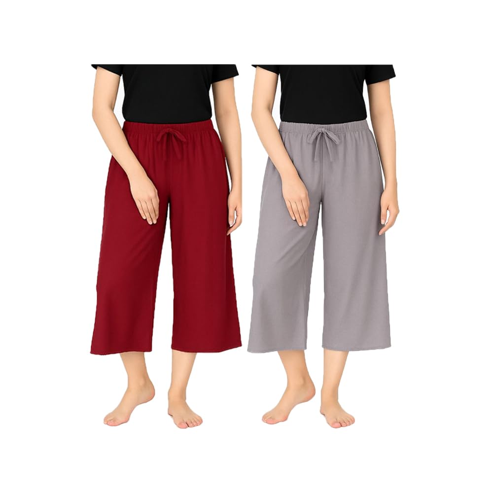Womens Cotton Plain Loosefit Capri For Womens 2Pack (Grey, Marrone)-image-9