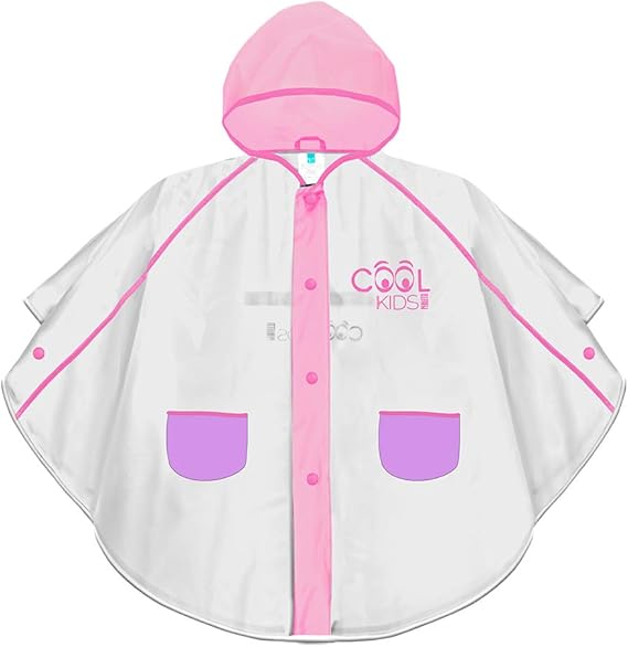 Perletti Cape De Pluie Transparente Enfant Long Poncho Rose Impermeable Avec Capuche Et Boutons Manteau Doux