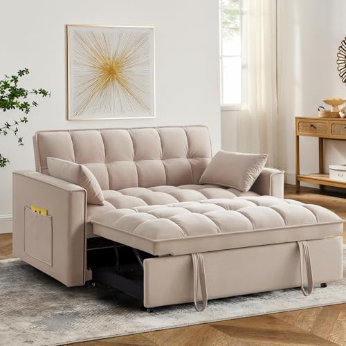 3 in 1 Sleeper Sofa Bed,Velvet Convertible Sofa Bed Pull-Out Bed Couch With Side Pockets,55'' Loveseat Sleeper Sofa with Adjustable Backrest for Living Room,Bedroom,Apartment and Small Space,Taupe