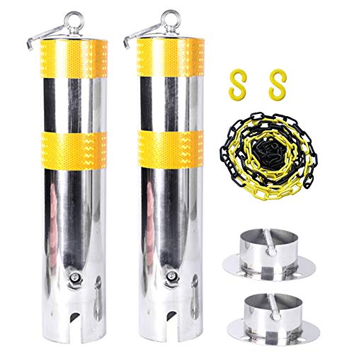 WDSOPK Parking Barriers Reflective Tape,5m Barrier Chain and 2pcs Parking Bollards for Driveways,Stainless Steel Parking Barrier with Hanging Ring and Movable Base