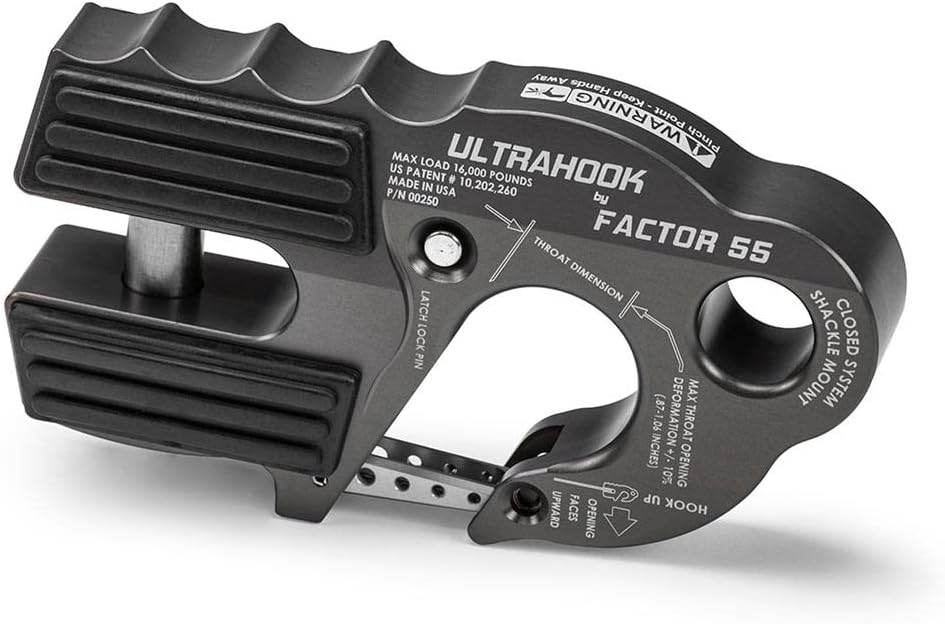 00250-06 Ultrahook Winch Hook Closed System Shackle Max Load 16,000 lbs ULT Strength Shackle Pin Mount 48,000 lbs Offroad 4x4 Adventure – Gray