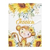 Personalized Cute Sunflower Jungle Monkey Baby Blanket with Name for Girls Boys Custom Nursery Kids