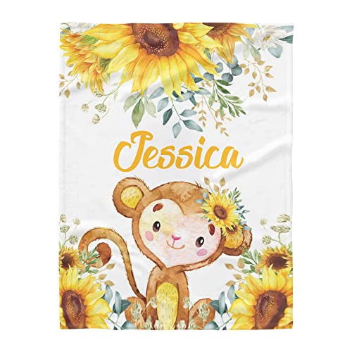 Personalized Cute Sunflower Jungle Monkey Baby Blanket With Name For Girls Boys Custom Nursery Kids Blankets For Baby Shower Birthday Gifts Customized Baby Throw Soft Fleece 30 X 40 Inch #TOP4
