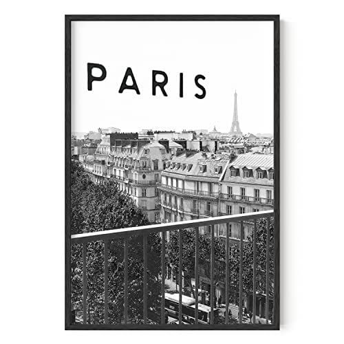 HAUS AND HUES Black and White Paris Wall Art - Elegant Eiffel Tower Poster, Chic Paris Decor for Bedroom or Living Room, Stylish Black and White Cityscape (Black Frame, 24x36)