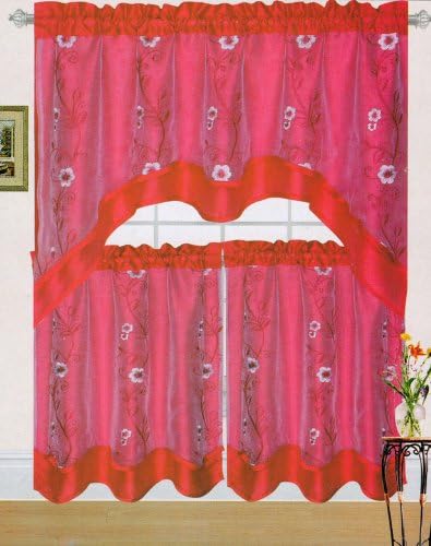 Gorgeous Linens Beya Embroidered Kitchen Curtain Swag & Tiers Set - 60"x36" & 30"x36" (Red)