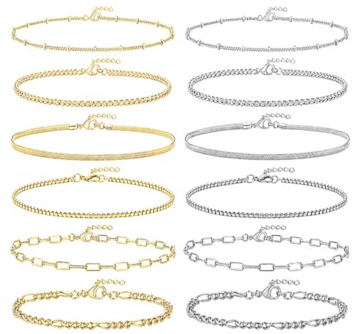nobrix 12 Pcs Gold and Silver Bracelets for Women, Layered Bracelet Set