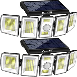 AmeriTop Solar Lights Outdoor 300 LED 6500K Motion Sensor Lights Cordless; 5 Adjustable Heads, 360° Wide Angle Illumination, IP65 Waterproof, Security Flood Light for Patio Yard Garden 2 Pack