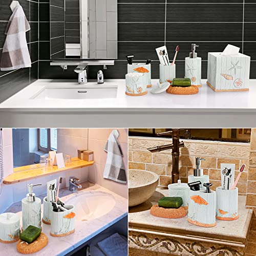 Bathroom Accessory Set, 9PCS Beach Seashells Ensemble Set - with Soap Dispenser, Tissue Cover, Soap Dish, Tumble Cup, Toothbrush Holder, Cotton Canister, 3PCS Hooks for Coastal Bathroom Accessories - Image 2