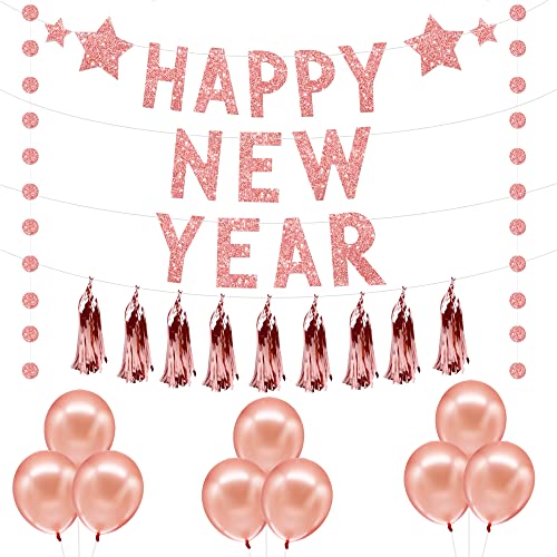 Rose Gold Happy New Year Decorations 2023 - Glitter, Happy New Year Banner With Circle Garland | Happy New Year Rose Gold, New Years Decorations | New Years Eve Party Supplies 2023, Nye Decorations #TOP21