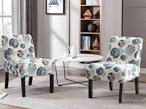 Altrobene Modern Armless Accent Slipper Chairs, Set Of 2, Living Room Bedroom Side Chair, Removable Washable Covers, Beige & Floral & Blue #TOP5