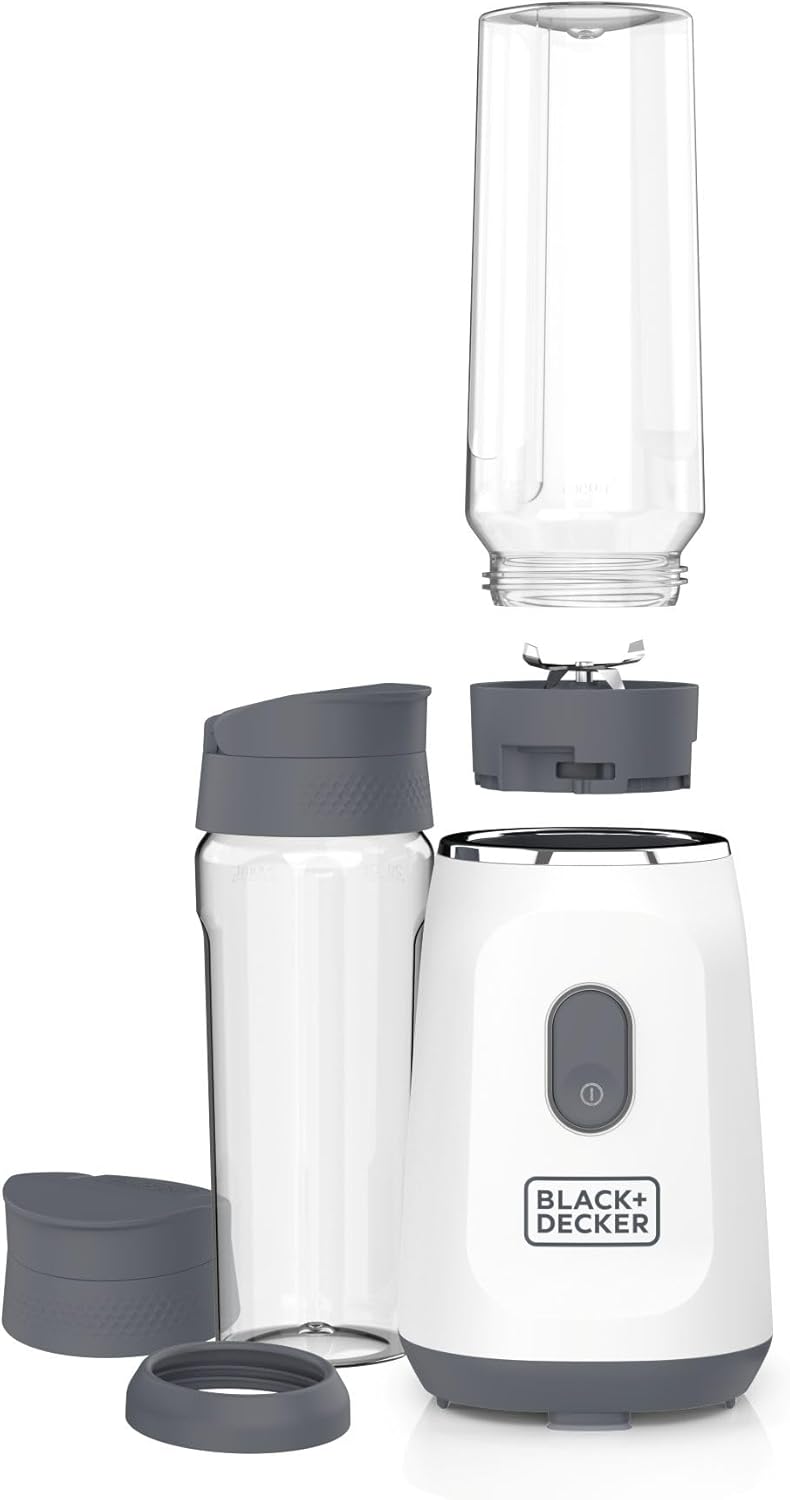 BLACK+DECKER Ice Crush Single Serve Blender with Pulse/ON Button, Base, Two 20oz Personal Blender Jars, Blade Assembly, Travel Lid, White