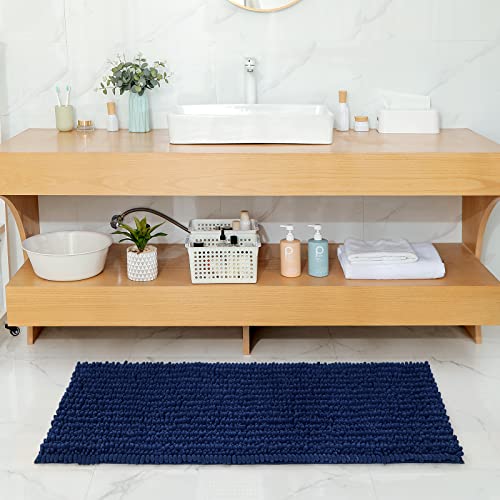 Homeideas Bathroom Rugs Runner Non Slip Long Bath Mat, Luxury Chenille Soft Bath Rug For Bathroom, Ultra Absorbent Thick Shower Carpet, Shaggy Washable Striped Floor Mats,Navy Blue 20X47 #TOP7