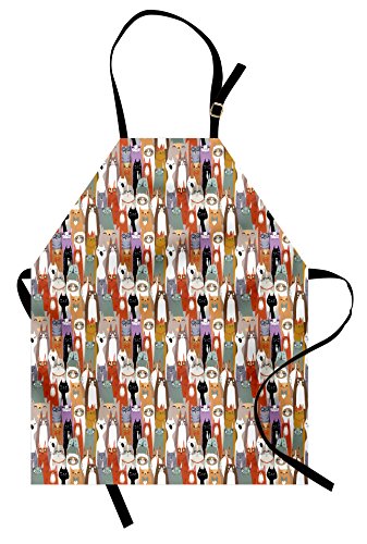 Lunarable Cat Apron, Kitty Characters Pattern with Funny Expressions Cheerful Humorous Feline Family Art, Unisex Kitchen Bib with Adjustable Neck for Cooking Gardening, Adult Size, Cinnamon Brown