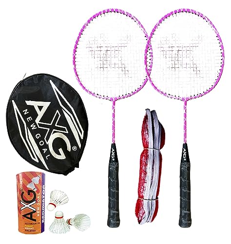 Image of AXG Durable & Stylish Design 2 Racquets with 3 Feather shuttles, net and Cover Badminton Kit (Pink)