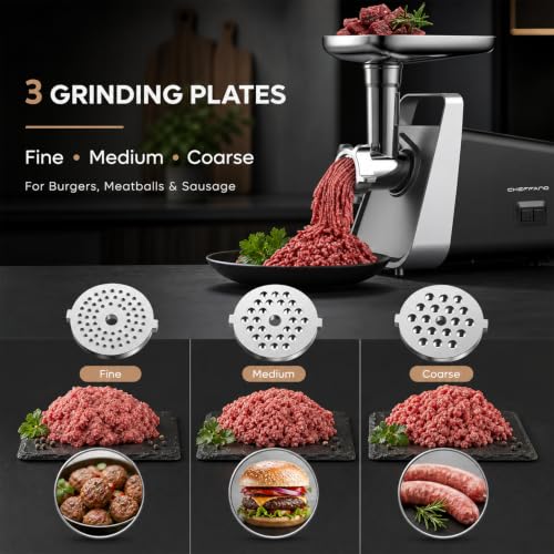 Image of CHEFFANO Meat Grinder, 2800W Max Meat Grinder Electric, ETL Approved Heavy Duty Meat Mincer Machine with 2 Blades, 3 Plates, Sausage Stuffer Tubes & Kubbe Kit for Home Kitchen Use