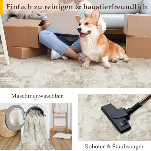 PureCozy Beige Abstraktes Teppich Wohnzimmer 200x300cm rutschfest Kurzflor Kunstwolle Schlafzimmer Teppich Waschbar Minimalistisch Bettvorleger Teppiche für Wohnzimmer Schlafzimmer Bereich Dekor