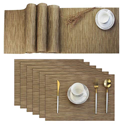 Jucoan Chemin de table et sets de table en vinyle tissé facile à nettoyer (1 chemin de table et 6 sets de table Beige) Cover