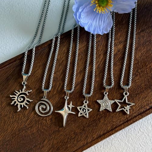 6PCS Y2K Star Vortex Sun Pentagram Necklace Set for Women Men – Retro Grunge Gothic Stainless Steel Chain Jewelry4