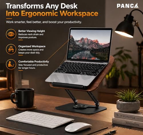 Image of PANCA Adjustable Book Stand for Reading & Laptop Stand for Desk | 360 Rotating Base Wooden Book Holder | Multi-Angle Cookbook, Textbook, Tablet & Laptop Stand for Study, Office & Home Use