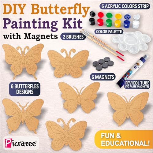 Image of PICRAZEE DIY Butterfly Painting Kit for Kids | 6 Pine MDF Butterfly Cutouts (5.5 mm Thick) with Acrylic Colors, Brushes, Palette & Magnets | Wooden Art & Craft Creative Activity Toy