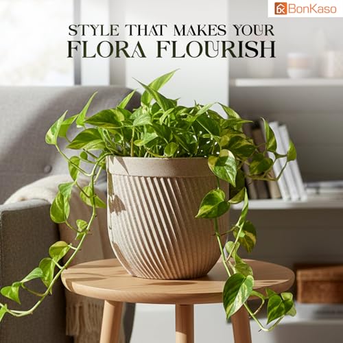Image of Bonkaso 10 Inch Seltos Ribbed Planter for Indoor & Outdoor Use | Round Heavy Duty Polymer Flower Pot | Lightweight Weather Resistant Modern Gamla for Living Room Balcony & Terrace (Beige)