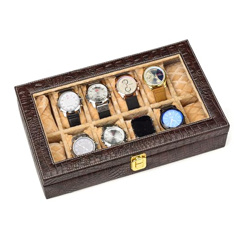 Image of NAAZS Luxury Leather Watch Organizer Box for Men - 12 Slot Watch Storage Case with Glass Lid & Velvet Lining - Display Box for Wrist Watches, Jewelry Holder, Travel Case - Gift for Men & Collectors