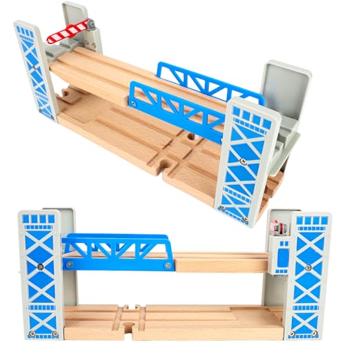 Hoarost 2 Pcs Wooden Train Track Set Accessories Lifting 2-Level Wood Railway Overpass Bridge for Wooden Railway Tracks System