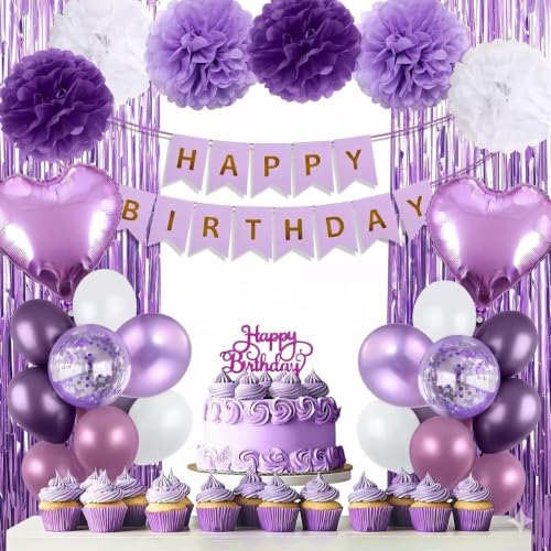 Purple Birthday Decorations Kit for Girls and Women - Birthday Balloon Arch with Happy Birthday Banner Pom Poms Foil Curtains Confetti Balloons & Cake Topper for Girls Birthday Decor