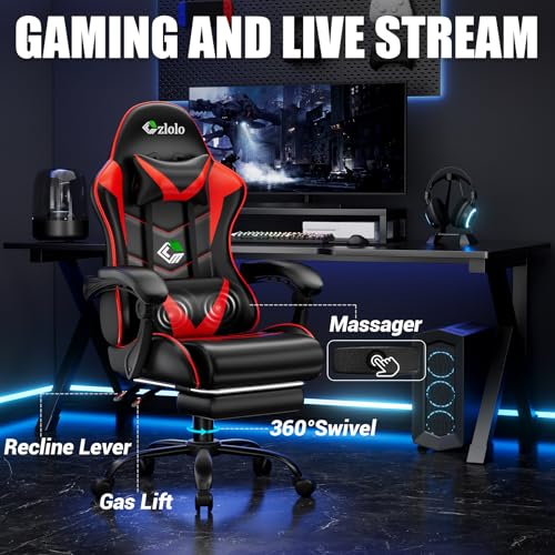 Image of Czlolo Gaming Chair with Footrest Racing Style Lumbar Support Massager Video Game Chair with Metal Legs, High Back Reclining Gamer Chair with Headrest, 360 Swivel Office Computer Desk Chair (Red)