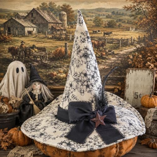 Blueweenly Halloween Decorations Indoor Vintage Witch Hat Decor Table Centerpiece Halloween Wizard Hats Farmhouse Rustic Fireplace Tabletop Witch Costume Hats for Adult(1 Set Elegant Floral)