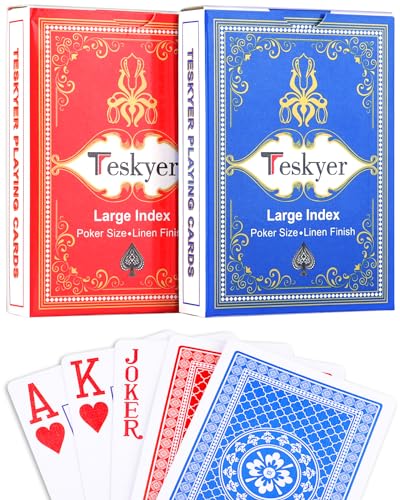 Teskyer 2 Pack Large Print Playing Cards, Poker Size Large Index Decks of Cards, Linen Finish for Seniors & Low Vision, Family Game Night Essential (Pattern A)