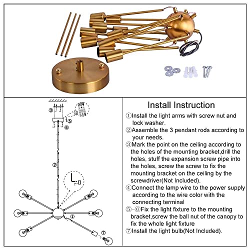 Lámpara de araña Sputnik de 12 luces E27 dorada para techo de comedor 8