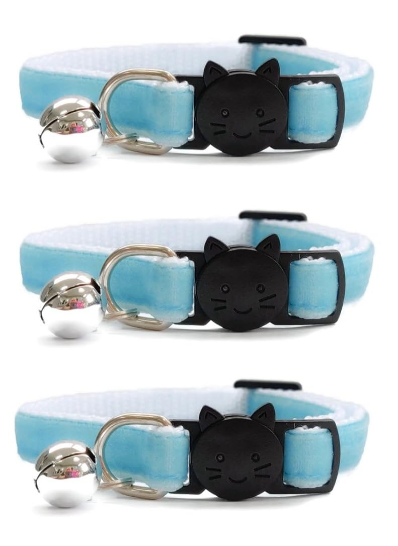 Velvet Cat Collars with Bell. Safe Breakaway Quick Release Buckle. Available in Cat & Kitten Size (Pack of 3) (Kitten Collar (15cm