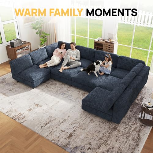 Image of 157 inch Modular Sectional Chenille Sofa bed with Hidden Storage, Comfy Modern 10 Seater Oversized Deep Seat Couch, Modular Sectional with Ottoman and Removable Cover for Living Room, Apartment, Black